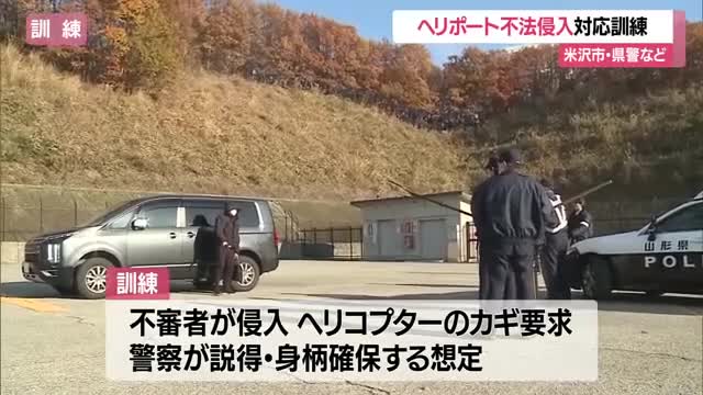 ヘリポートに不法侵入者！...に対応する訓練実施　県・警察など不測の事態の連携態勢確認　山形・米沢市 画像