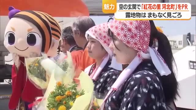 観光客・乗務員に紅花グッズ・花束渡し「紅花の町・河北町」PR　露地物は6月下旬見ごろ　山形空港 画像