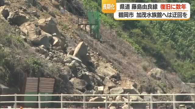 「県道・藤島由良線」土砂崩れ復旧まで数年かかる見通し　周辺には加茂水族館も　山形・鶴岡市 画像