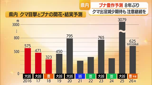 【統計】ブナの実豊作の翌年に目撃件数が減るとは限らない…8年ぶりブナの実豊作予測も　山形 画像