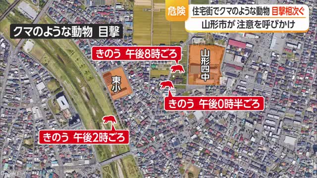 住宅街でクマのような動物の目撃相次ぐ…中学校の登校は保護者送迎も　大声で刺激しない　山形市 画像