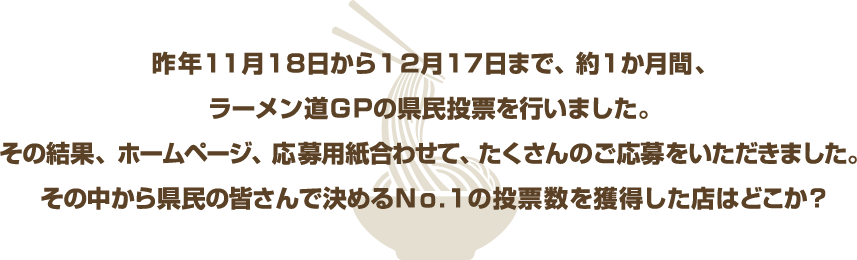 昨年11月18日から12月17日まで、約1か月間、ラーメン道GPの県民投票を行いました。
その結果、ホームページ、応募用紙合わせて、たくさんのご応募をいただきました。
その中から県民の皆さんで決めるNO.1の投票数を獲得した店はどこか？